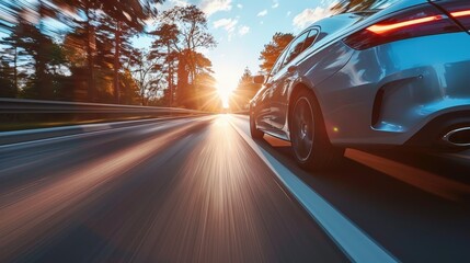 Obraz premium A Hybrid Car Speeding Down a Highway at Sunset with Trees in the Background and Vivid Colors