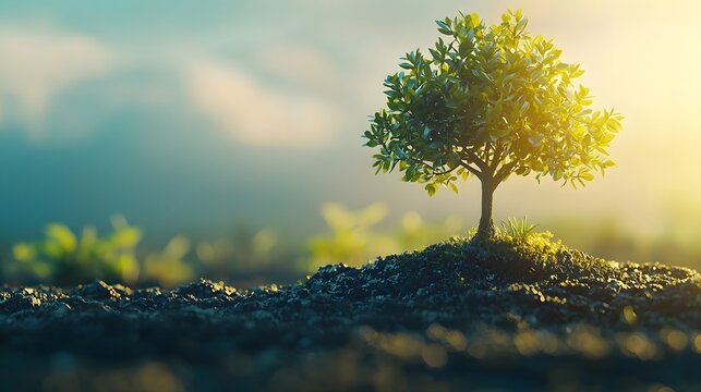 Conceptual landscape depicting a flourishing financial tree with branches labeled  Savings   Investments  and  Growth  set against a serene natural backdrop of rolling hills meadows
