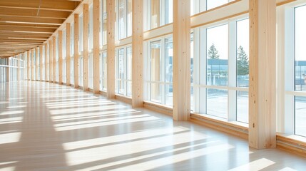 Obraz premium Sunlit Modern Wooden Corridor with Large Windows
