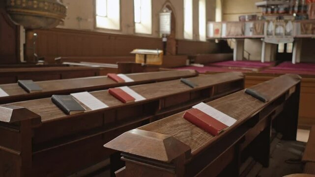 Interior of Codlea&rsquo;s fortified church in Romania, featuring Gothic vaulted ceilings, wooden pews, and stone walls, highlighting its historic charm and cultural significance.