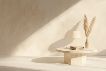 Modern Minimalist Table with Book and Lamp in Serene Interior Space