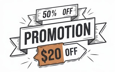 Promotional Ribbon Banner Showing Fifty Percent And Twenty Dollars Off