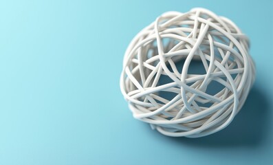 A textured white ball made of intertwined strands, resting on a soft blue surface, creating a minimalistic and modern aesthetic.