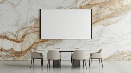 Elegant Dining Room with Marble Wall and Blank Frame for Artistic Display