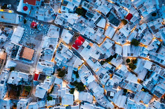Overhead aerial view of the old town at dusk, Mykonos island, Greece