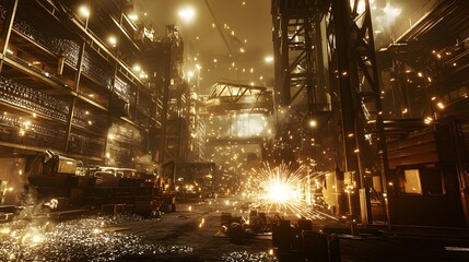 Obraz premium Nighttime Steel Mill Sparks Flying High