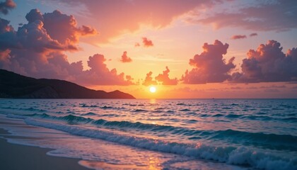 Stunning Tropical Sea Beach Sunset with Vibrant Clouds and Calm Waters.