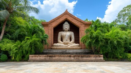 Obraz premium Serene White Stone Buddha Statue in Lush Garden Setting under Partly Cloudy Sky