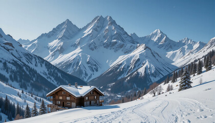 Fototapeta premium Snowy mountain landscape with a cozy chalet under clear skies