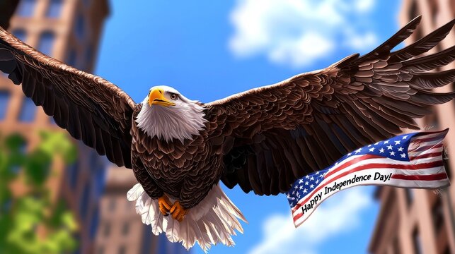 Eagle soaring with independence day flag urban landscape digital artwork bright sky majestic symbol of freedom - Powered by Adobe