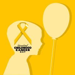 International Childhood Cancer Day to celebrate on February 15th. Yellow campaign ribbon with illustration of a child with balloons on yellow background. Health event banner.