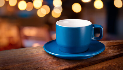 Obraz premium Coffee in blue cup on wooden table in cafe with lighting background