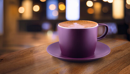 Obraz premium Coffee in purple cup on wooden table in cafe with lighting background