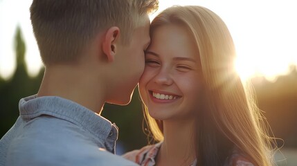 Fototapeta premium Close-up of a romantic young boyfriend kissing his smiling beautiful girlfriend on the forehead while enjoying a peaceful weekend at sunset, sharing an intimate moment of love and affection outdoors
