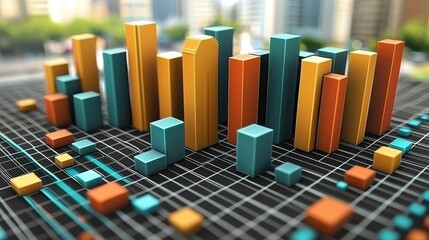 Obraz premium Isometric data chart digitally generated in 3D, with vibrant colors representing statistical data, business performance trends, and market analysis for corporate presentations.