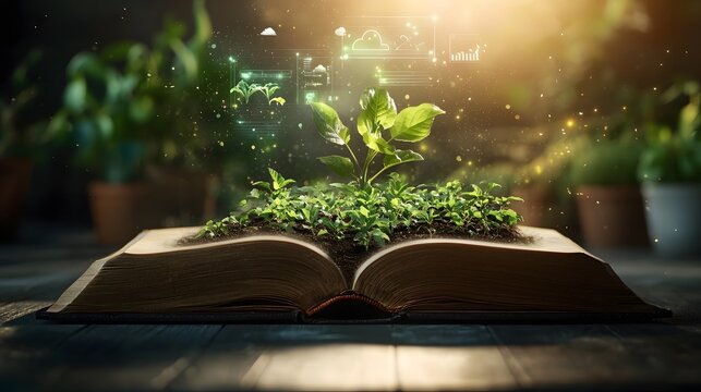 An ancient book opens to reveal a thriving landscape of farmland with neatly arranged crops and irrigation canals illuminated by soft sunlight