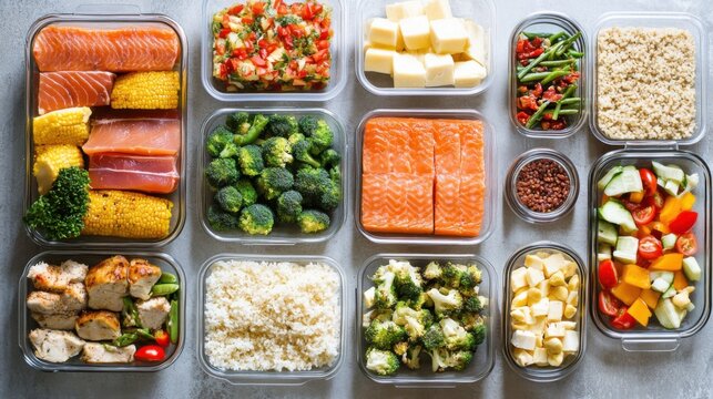 A well-organized healthy meal prep, with a variety of balanced meals in containers, promoting efficient and nutritious meal planning