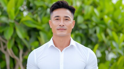 Confident Man in White Shirt Serene Portrait in Lush Green Foliage