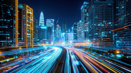 Fototapeta premium vibrant night view of bustling cityscape with illuminated skyscrapers and light trails from moving vehicles, showcasing energy and dynamism of urban life