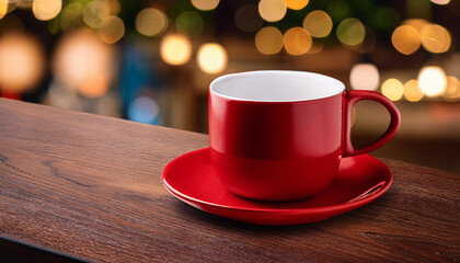 Obraz premium Coffee in red cup on wooden table in cafe with lighting background