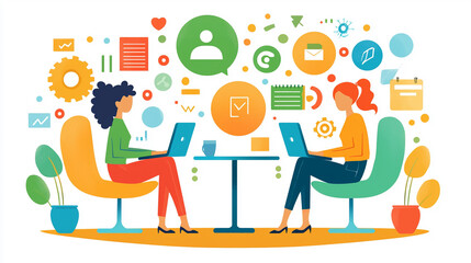 Two women collaborating on laptops, surrounded by colorful work