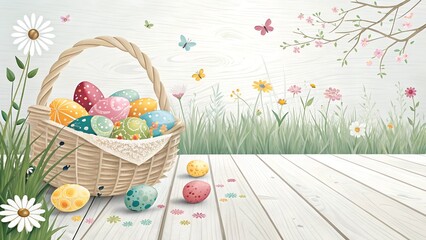 Easter Banner with copy-space, featuring a Basket of Eggs on White Wood floor.
