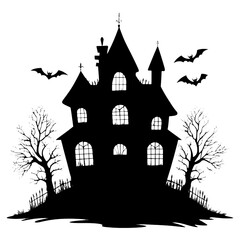 Obraz premium Spooky Haunted House Silhouette with Bats and Trees Isolated