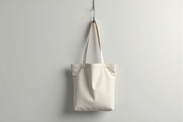 Mockup of a tote bag hanging on a hook.