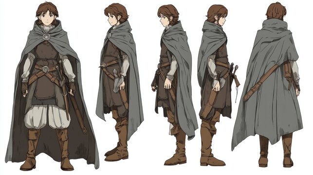 Fototapeta Medieval youth character model sheet, fantasy background, animation