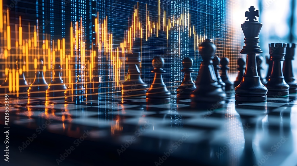 Poster a close up view of a chess game in progress on a digital board with overlaid financial data and char