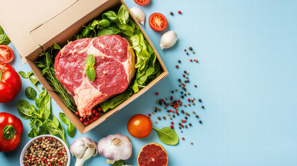 Fresh meat delivery box with vibrant vegetables and herbs, showcasing healthy meal preparation. colorful ingredients include tomatoes, garlic, and various spices, creating appetizing scene
