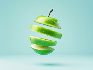 Floating Green Apple Sliced Vertically into Layers in Mid-Air. on Minimal Background