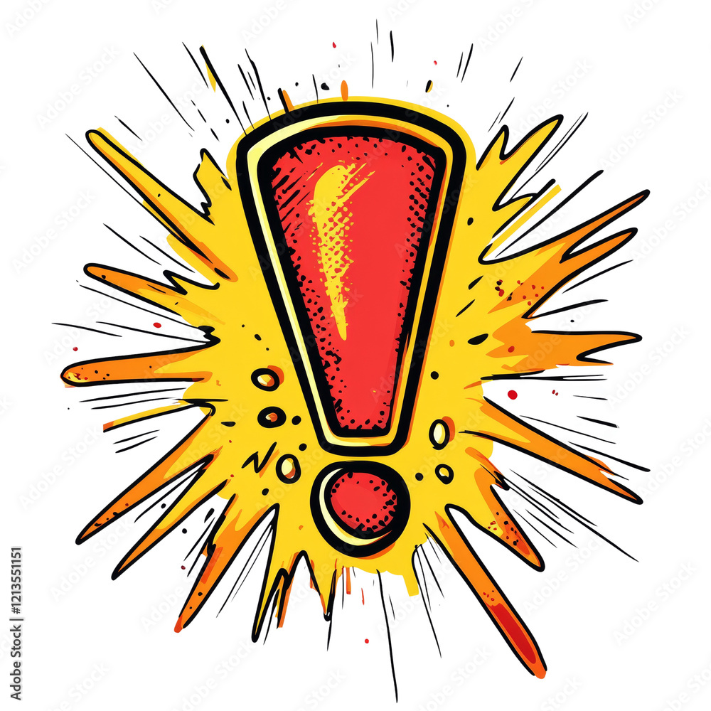 Aufkleber A stylized exclamation mark explodes in a burst of bright yellow and red creating a dynamic and attention grabbing visual.