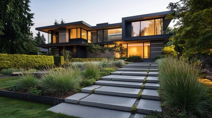Modern white home with abstract planters, stone pathways, and water features.