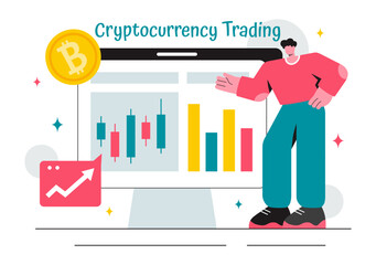 Cryptocurrency Trading Vector Illustration featuring a Pile of Coins, a Digital Currency Wallet, Blockchain Technology, and Bitcoin in a Background