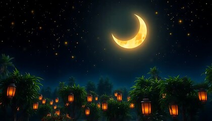 Night Scene with Crescent Moon and Lit Lanterns Among Palms
