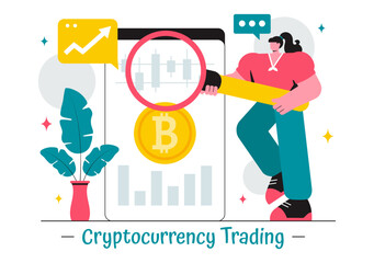 Cryptocurrency Trading Vector Illustration featuring a Pile of Coins, a Digital Currency Wallet, Blockchain Technology, and Bitcoin in a Background