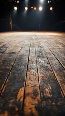 Obraz premium Dark Wooden Stage Floor Illuminated by Spotlights. AI Generated
