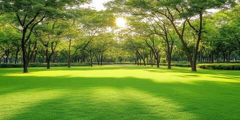 Fototapeta premium Green grass field lawn background. Vibrant sunny park ideal for themes of spring, earth day or outdoor leisure activities.