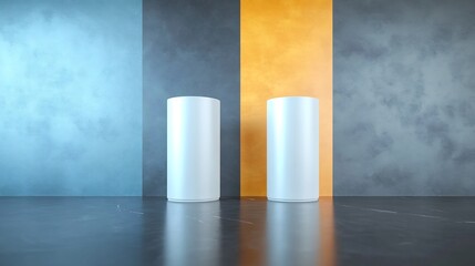 Fototapeta premium Cool light illuminates sleek white cylinders against a textured blue gray orange wall. AI Generated