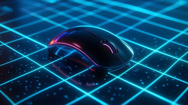 Neon Grid Background Featuring a Sleek Computer Mouse