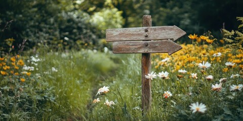Rustic Wooden Signpost in a Blooming Meadow