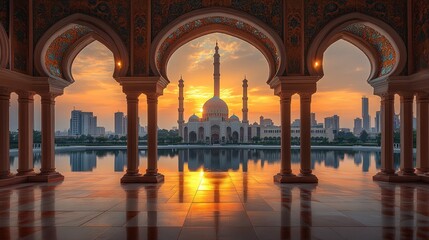 Sunrise Mosque Cityscape Reflection Arches