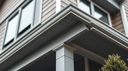 Modern House Exterior: Architectural Design and Details of a Residential Building. High-quality image showcasing the home's roofline, gutters, windows, porch, and columns.