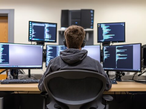 Backside of a student in a computer lab, sitting at a desk filled with multiple monitors, programming or coding