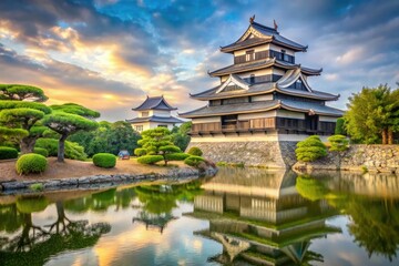 Fototapeta premium Ancient Japanese-style castle with a serene garden and traditional architecture, landscape, trees