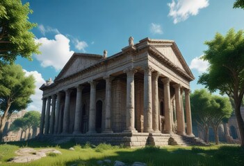 Fototapeta premium Ancient Roman Building with Blue Sky and Green Trees , column, nature, tree