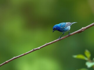 Obraz premium An indigo bunting's slender body stretches out along a narrow tree branch its long beak probing the crevices for insects to devour, feathered friend, bird on branch