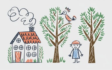 Childlike Drawing Featuring House Trees Bird And Person
