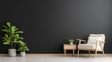 Modern living room with armchair, plants, and dark wall